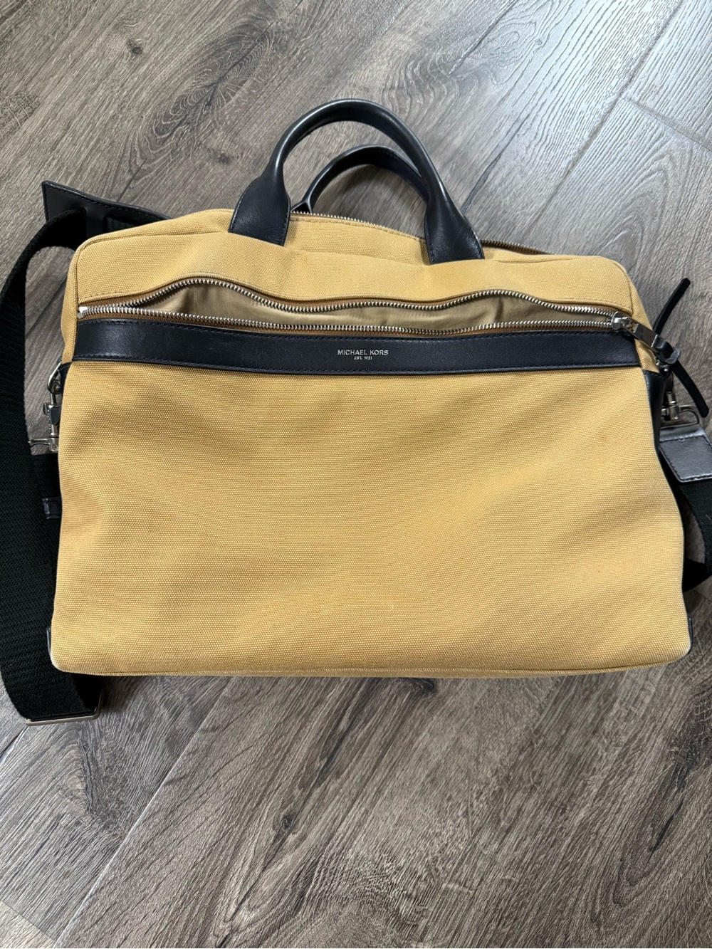 Michael Kors Canvas Laptop Work Tote Messenger Bag Tan Black Leather Crossbody